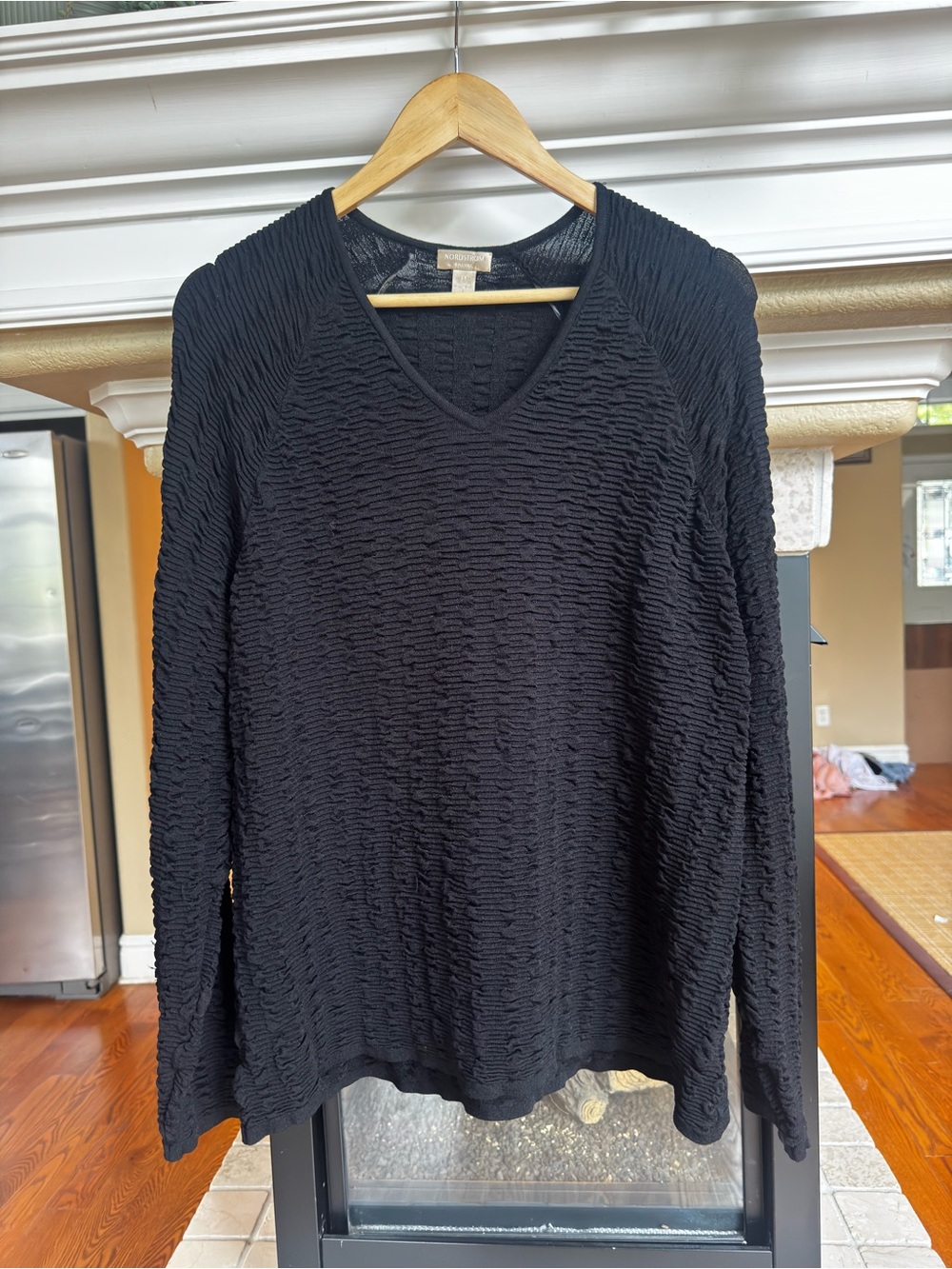 Nordstrom Encore Black Long Sleeve Textured Blouse 2X Lagenlook Classic‎ V Neck